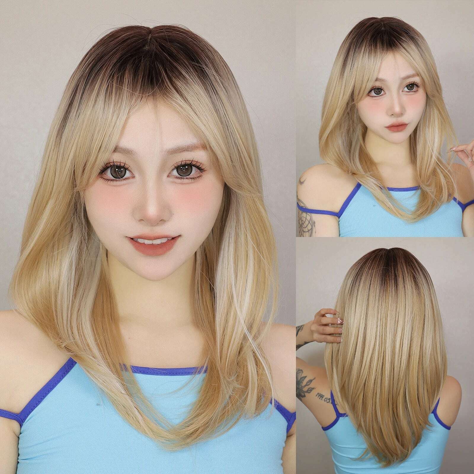 Long Straight Ginger Copper to Brown Ombre Cosplay Hair Wig Long Layered Synthetic Wigs with Bangs for White Women Korean Use - KIMLUD