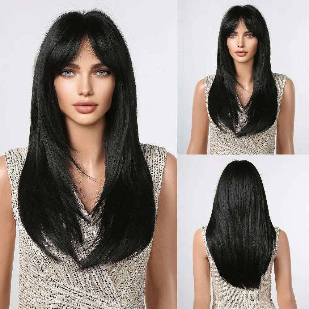 Long Straight Ginger Copper to Brown Ombre Cosplay Hair Wig Long Layered Synthetic Wigs with Bangs for White Women Korean Use - KIMLUD