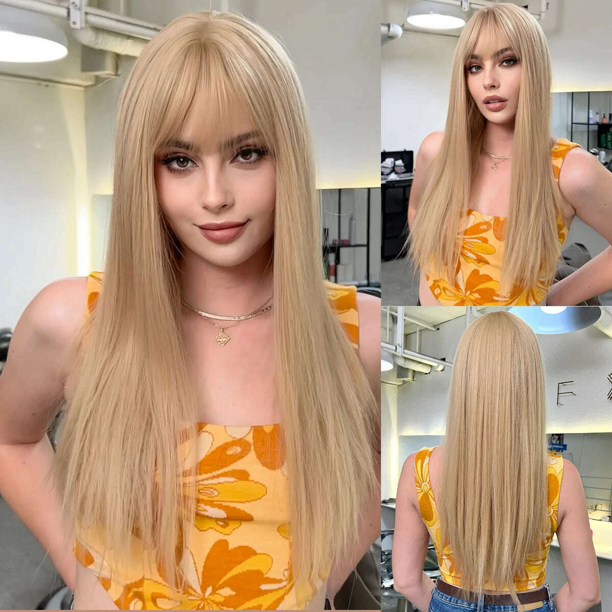 Long Straight Ginger Copper to Brown Ombre Cosplay Hair Wig Long Layered Synthetic Wigs with Bangs for White Women Korean Use - KIMLUD