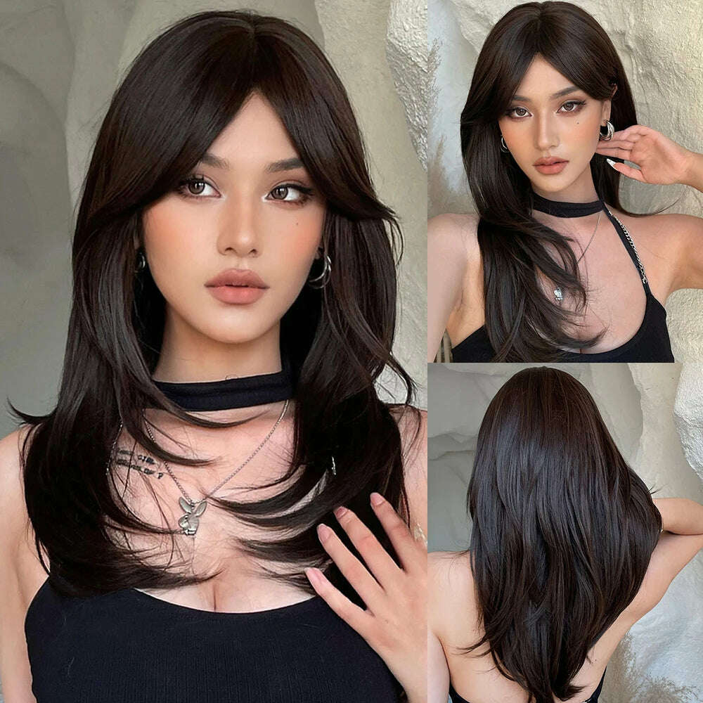 Long Straight Ginger Copper to Brown Ombre Cosplay Hair Wig Long Layered Synthetic Wigs with Bangs for White Women Korean Use - KIMLUD