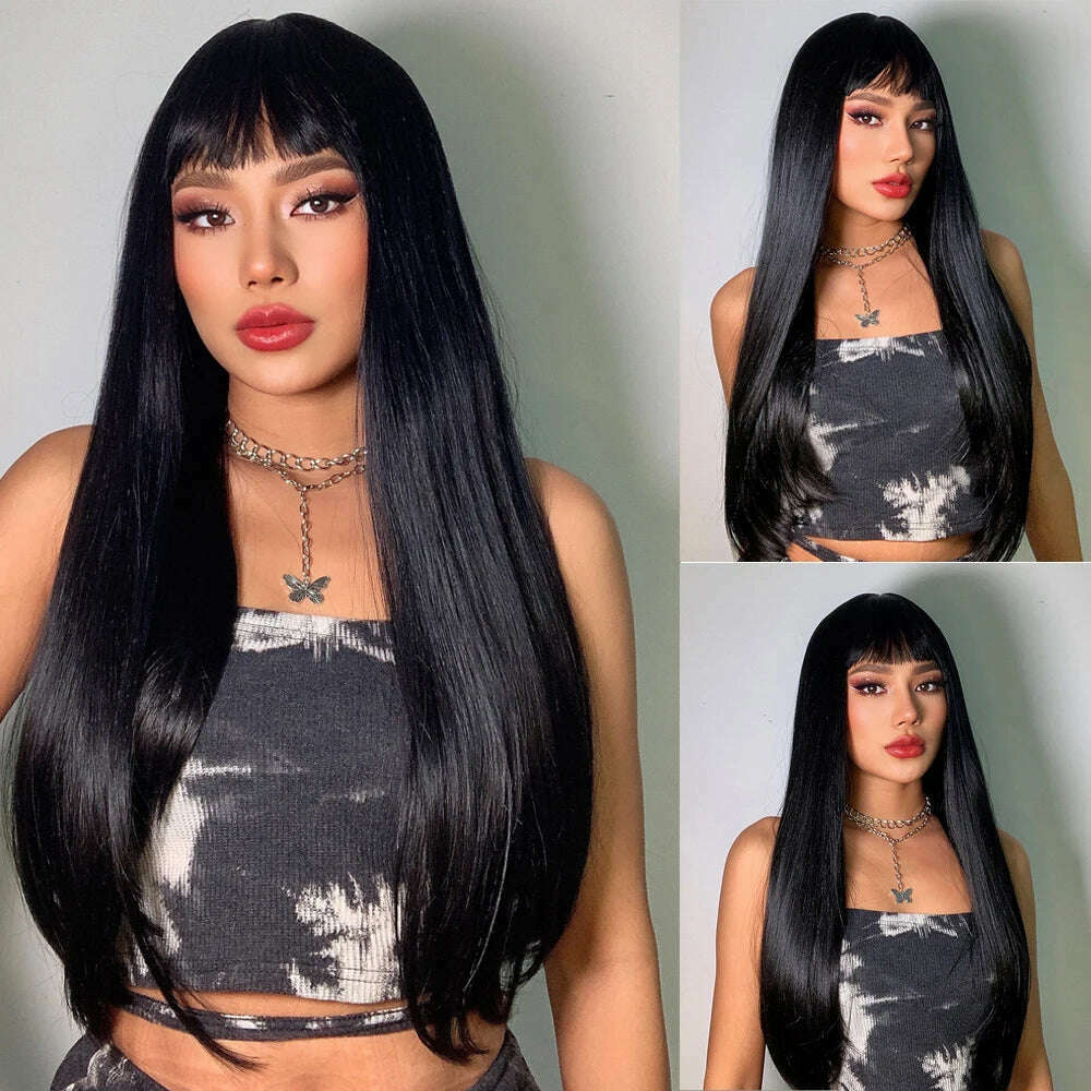 Long Straight Ginger Copper to Brown Ombre Cosplay Hair Wig Long Layered Synthetic Wigs with Bangs for White Women Korean Use - KIMLUD