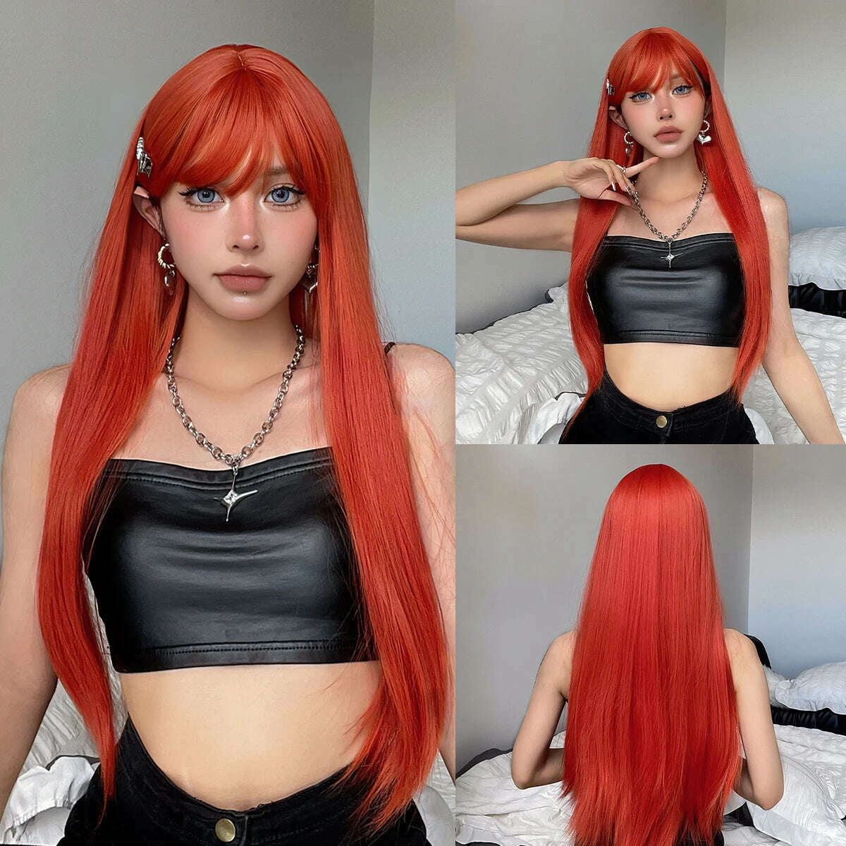 Long Straight Ginger Copper to Brown Ombre Cosplay Hair Wig Long Layered Synthetic Wigs with Bangs for White Women Korean Use - KIMLUD