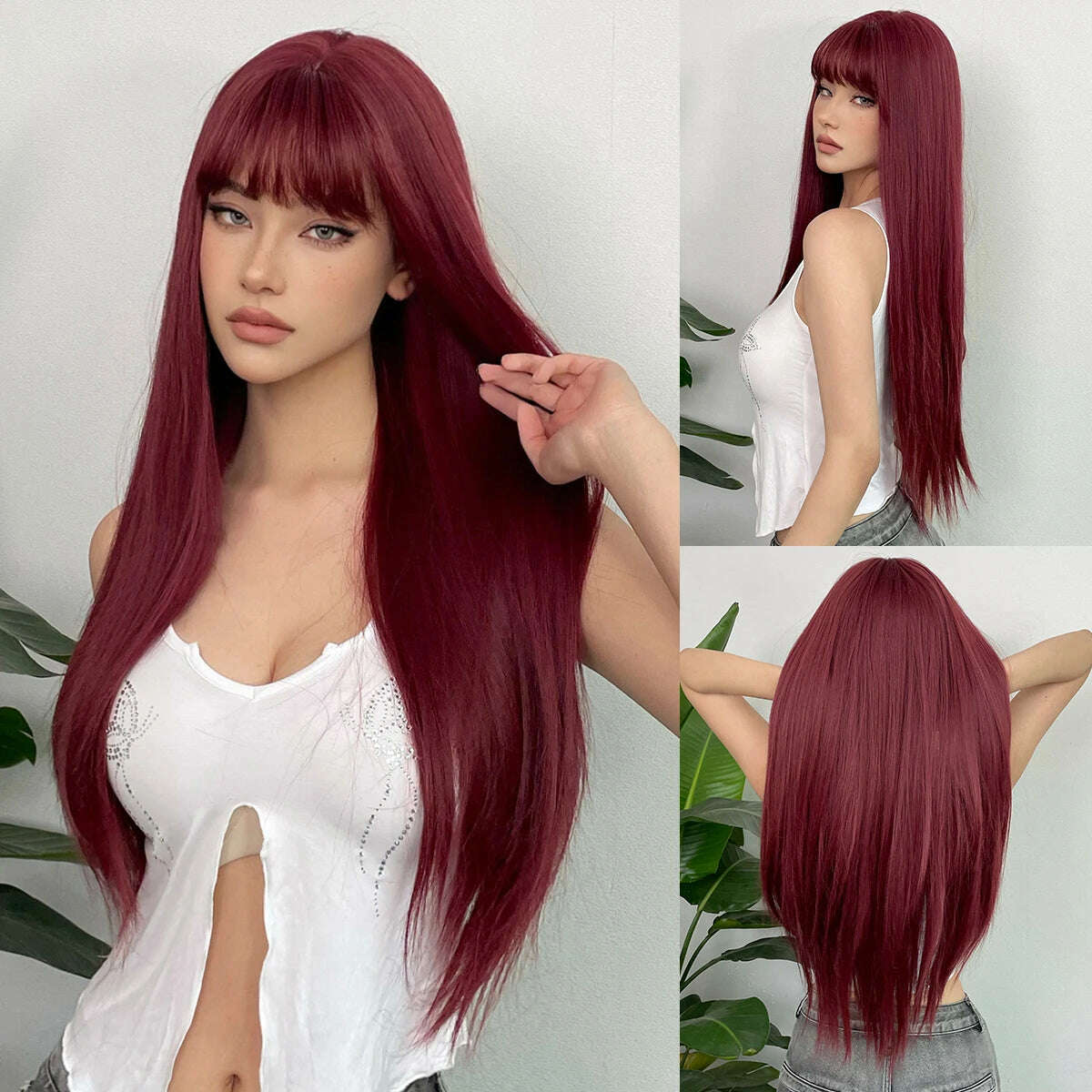 Long Straight Ginger Copper to Brown Ombre Cosplay Hair Wig Long Layered Synthetic Wigs with Bangs for White Women Korean Use - KIMLUD