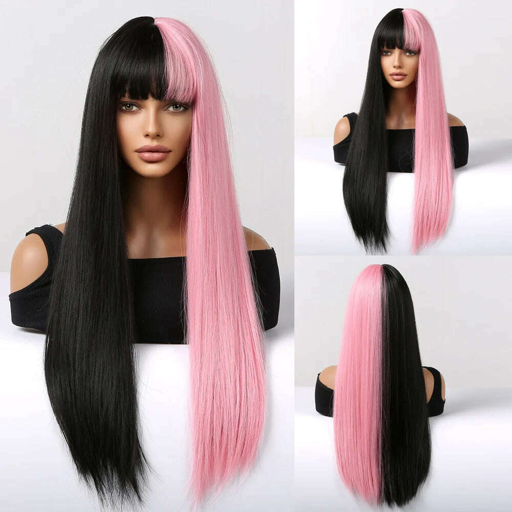 Long Straight Ginger Copper to Brown Ombre Cosplay Hair Wig Long Layered Synthetic Wigs with Bangs for White Women Korean Use - KIMLUD