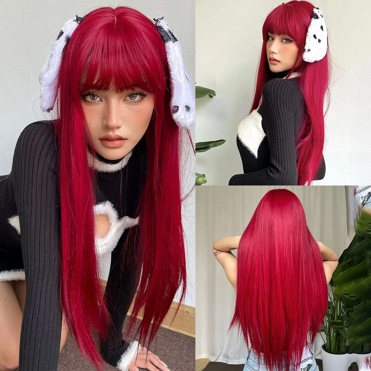 Long Straight Ginger Copper to Brown Ombre Cosplay Hair Wig Long Layered Synthetic Wigs with Bangs for White Women Korean Use - KIMLUD