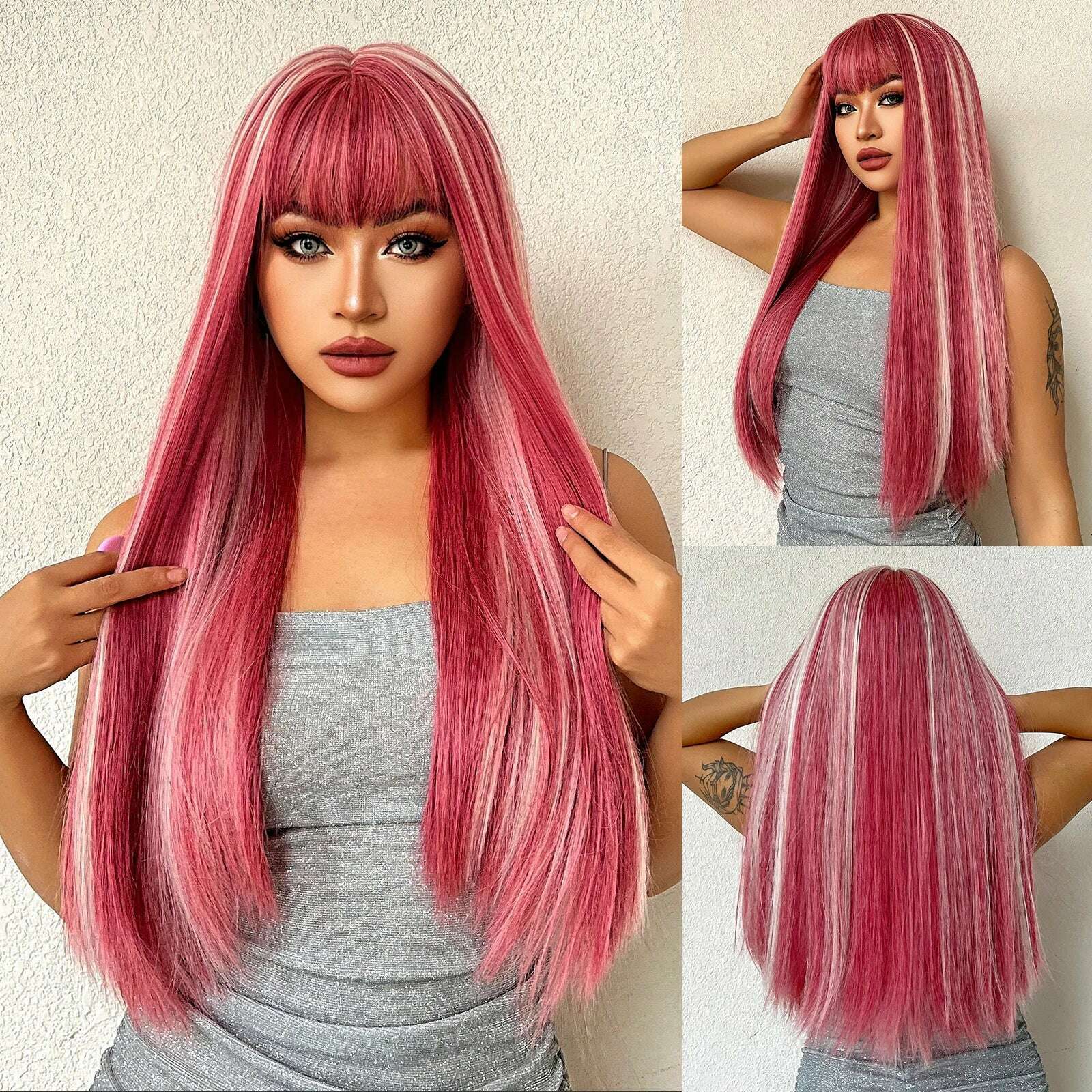 Long Straight Ginger Copper to Brown Ombre Cosplay Hair Wig Long Layered Synthetic Wigs with Bangs for White Women Korean Use - KIMLUD