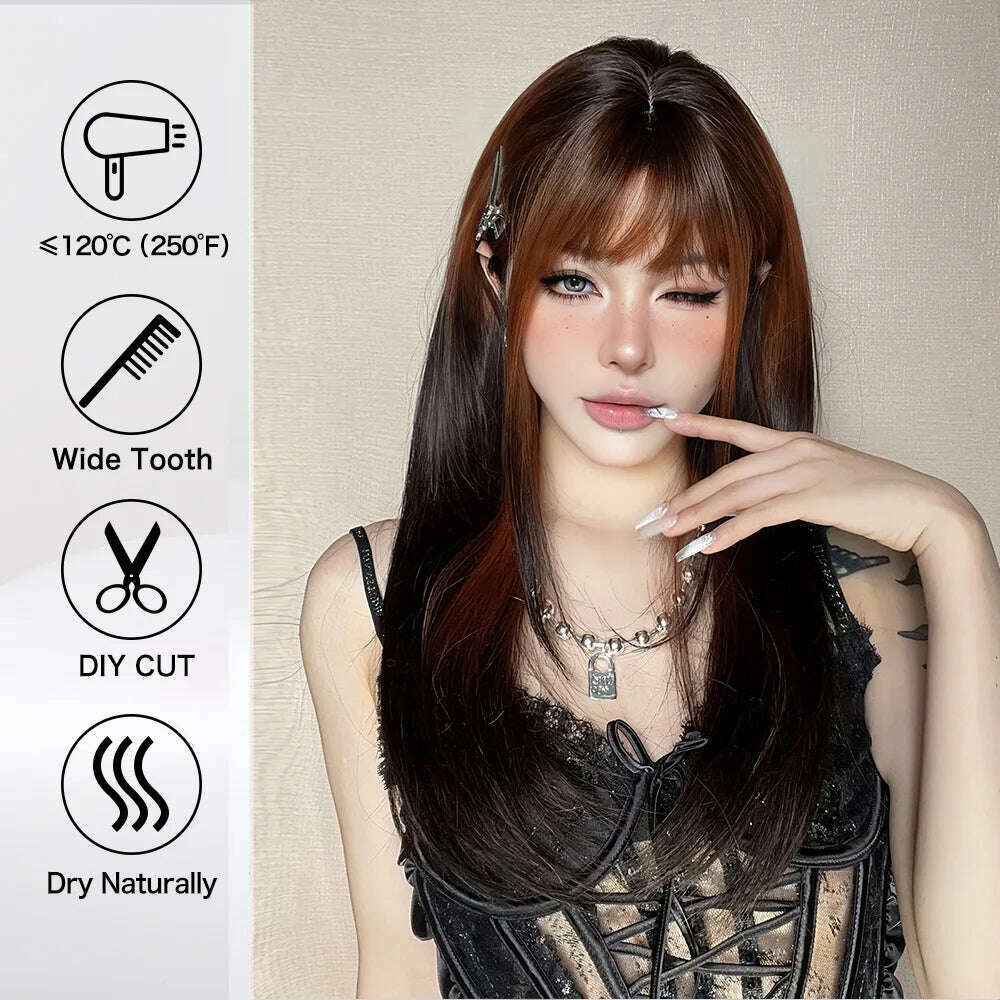 Long Straight Ginger Ombre Brown Black Synthetic Wigs Cosplay Wig with Bang for Women Afro Party Lolita Use Heat Resistant Fibre - KIMLUD