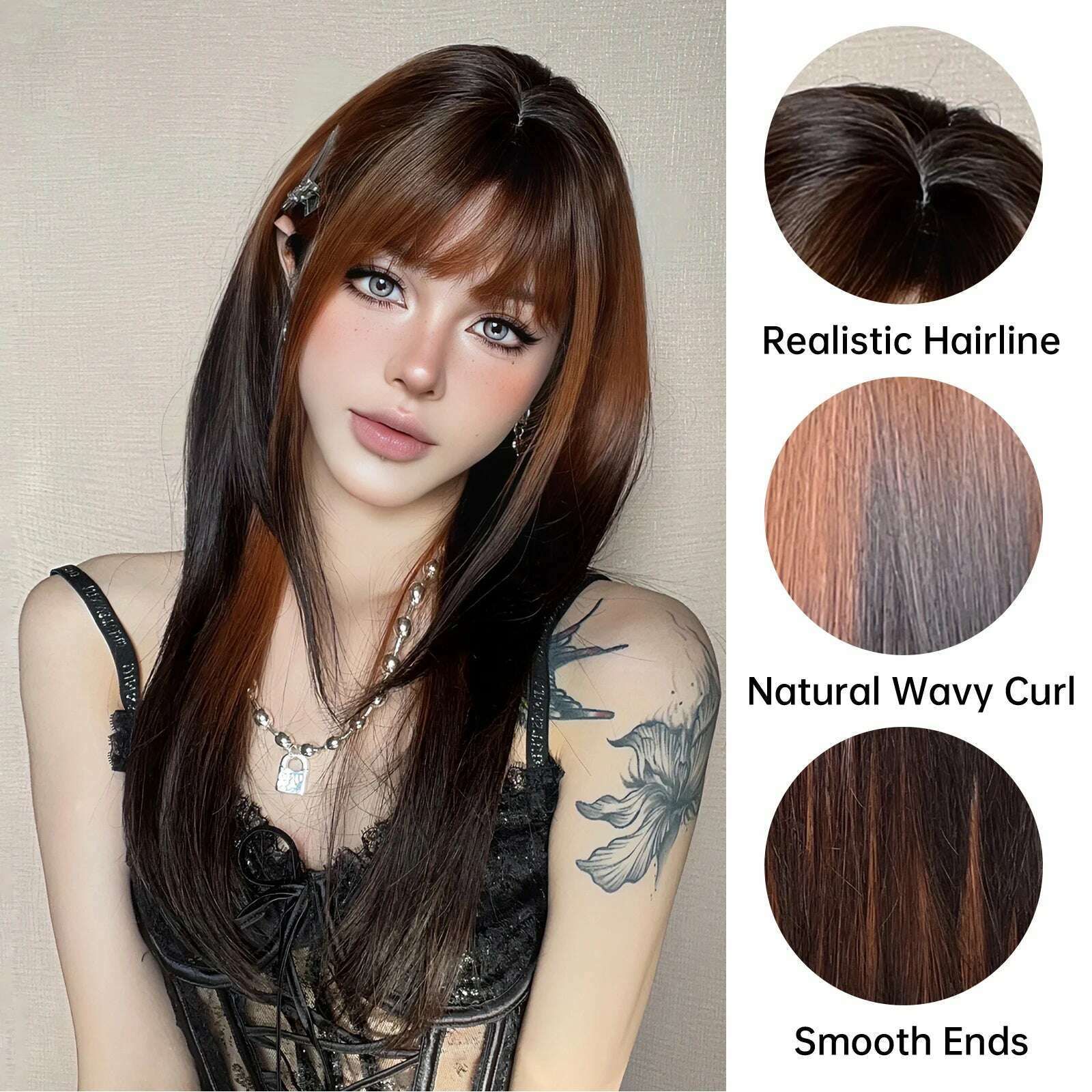 Long Straight Ginger Ombre Brown Black Synthetic Wigs Cosplay Wig with Bang for Women Afro Party Lolita Use Heat Resistant Fibre - KIMLUD