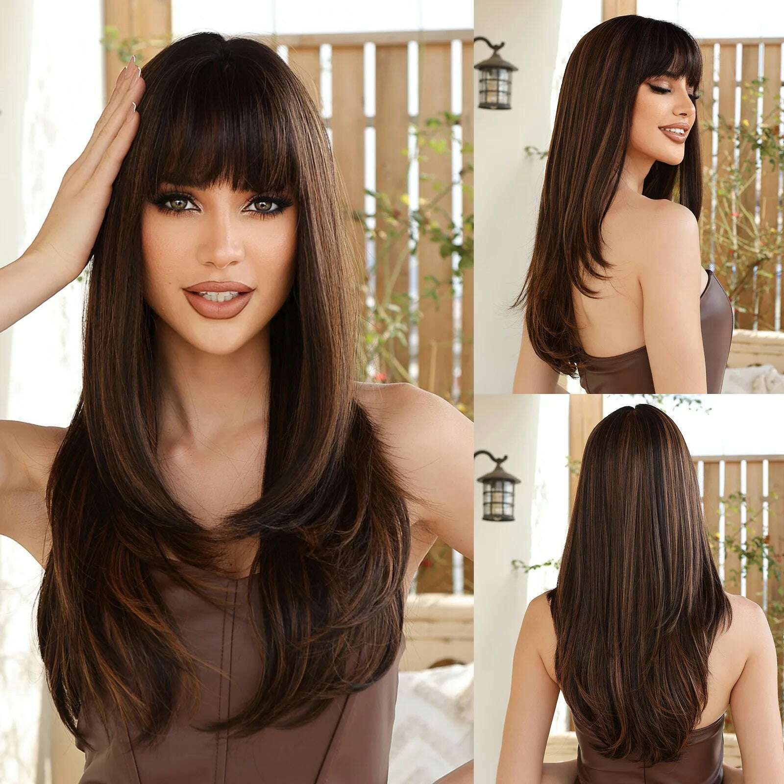 Long Straight Ginger Ombre Brown Black Synthetic Wigs Cosplay Wig with Bang for Women Afro Party Lolita Use Heat Resistant Fibre - KIMLUD