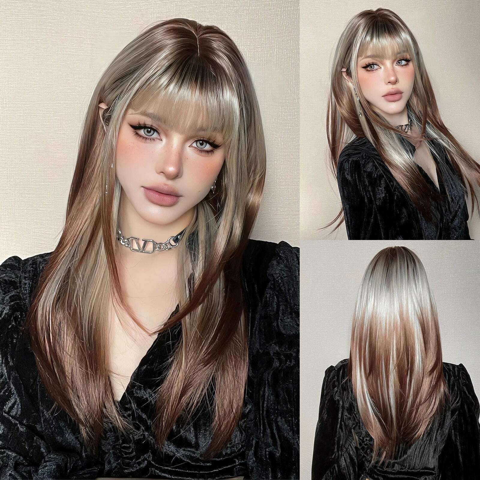 Long Straight Ginger Ombre Brown Black Synthetic Wigs Cosplay Wig with Bang for Women Afro Party Lolita Use Heat Resistant Fibre - KIMLUD
