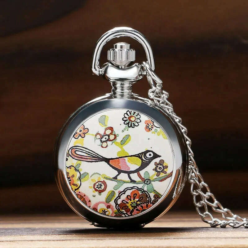 Lucky Colorful Painting Drawing Cute Bird Small Size Quartz Pocket Watch Womens Lady Girl Beautiful Necklace Pendant Chian Gifts - KIMLUD