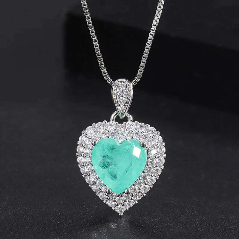 KIMLUD, Luxury 925 Sterling Silver Paraiba Heart Necklace Earrings Ring for Women Girl Wedding Dinner Party Jewelry Set Anniversary Gift, only Necklace, KIMLUD APPAREL - Womens Clothes