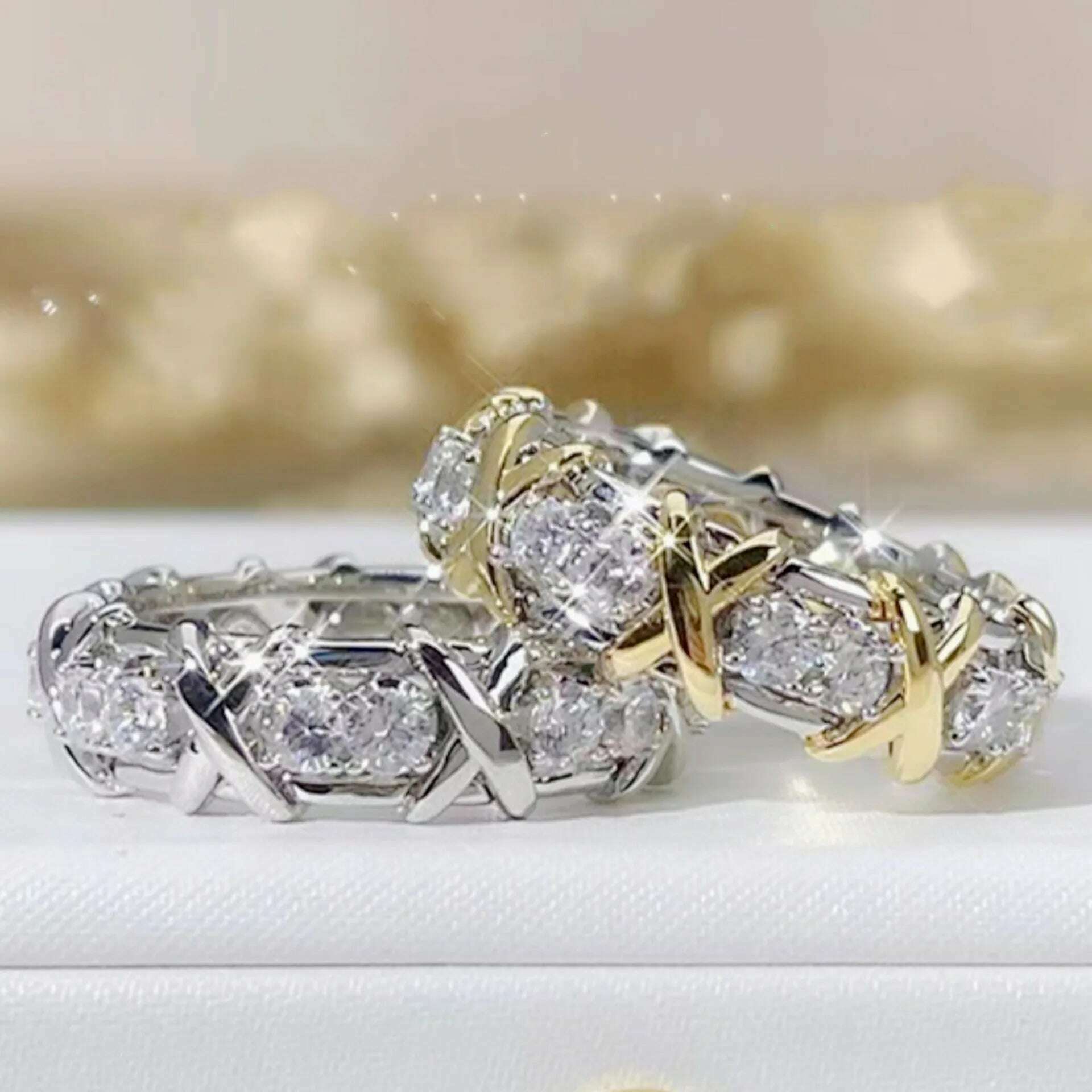 KIMLUD, Luxury 925 Sterling Silver Ring Interlaced With Aaa Zircon Crystal Ring For A Woman'S Engagement Jewelry Gift 2 Color Choices, KIMLUD Womens Clothes