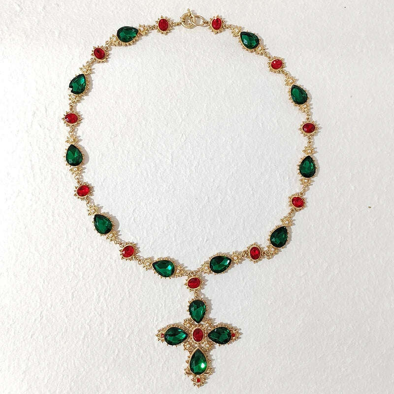 KIMLUD, Luxury Crystal Statement Choker Cross Necklaces for Women Accossery Party Jewelry, green, KIMLUD APPAREL - Womens Clothes