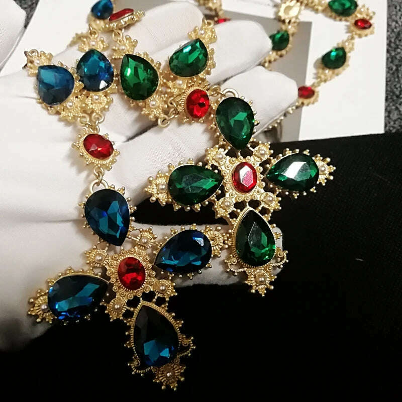 KIMLUD, Luxury Crystal Statement Choker Cross Necklaces for Women Accossery Party Jewelry, KIMLUD Womens Clothes