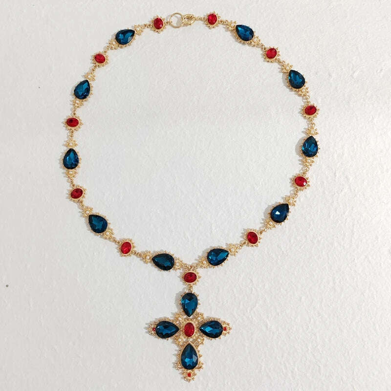 KIMLUD, Luxury Crystal Statement Choker Cross Necklaces for Women Accossery Party Jewelry, blue, KIMLUD APPAREL - Womens Clothes
