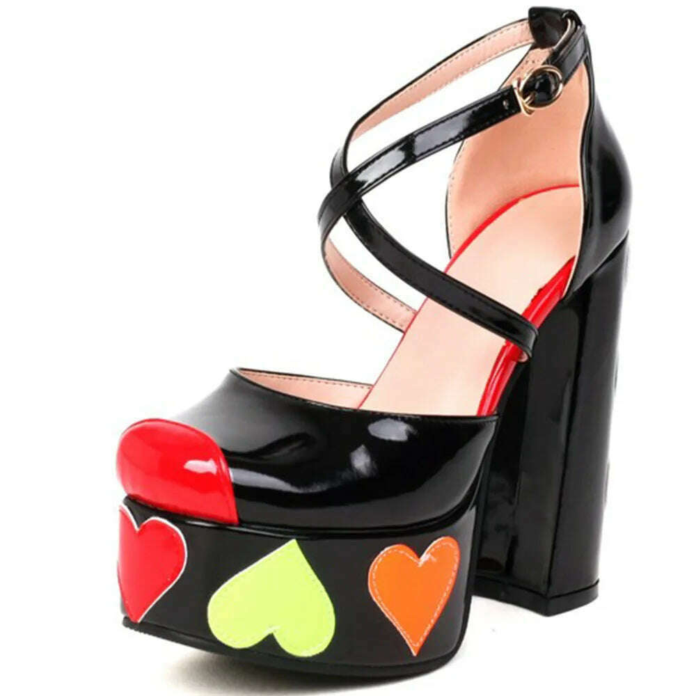 Luxury Designer Marry Janes Pumps For Women Love Heart High Heels Buckle Platform Punk Chunky Pink Wedding Party women's Shoes - KIMLUD
