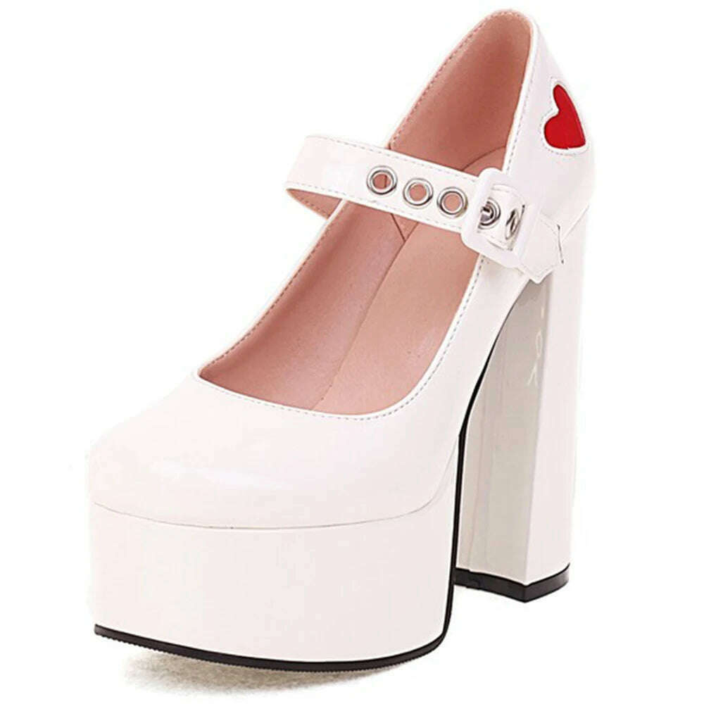Luxury Designer Marry Janes Pumps For Women Love Heart High Heels Buckle Platform Punk Chunky Pink Wedding Party women's Shoes - KIMLUD