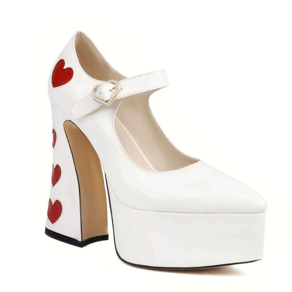 Luxury Designer Marry Janes Pumps For Women Love Heart High Heels Buckle Platform Punk Chunky Pink Wedding Party women's Shoes - KIMLUD