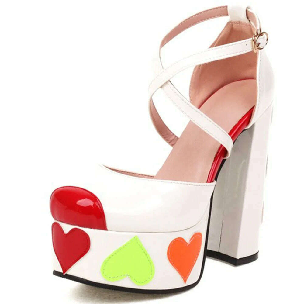 Luxury Designer Marry Janes Pumps For Women Love Heart High Heels Buckle Platform Punk Chunky Pink Wedding Party women's Shoes - KIMLUD