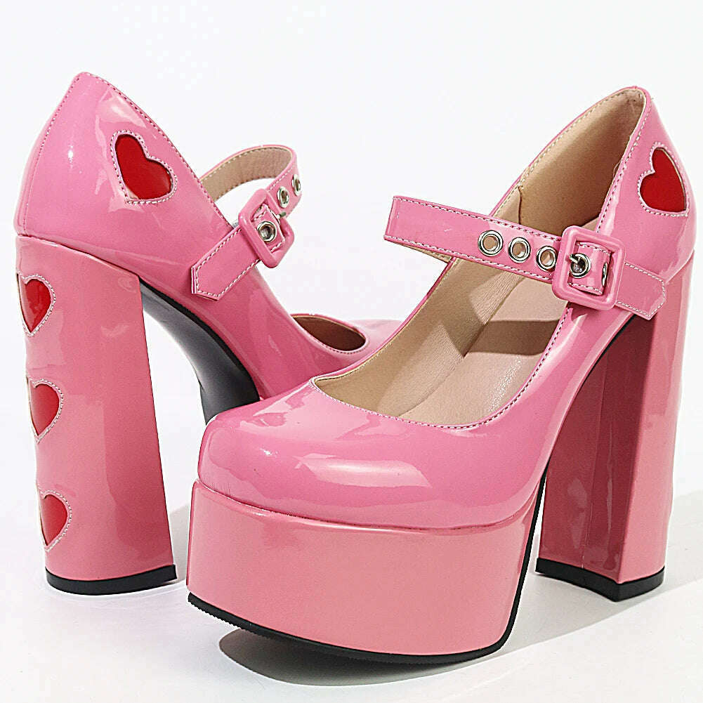 Luxury Designer Marry Janes Pumps For Women Love Heart High Heels Buckle Platform Punk Chunky Pink Wedding Party women's Shoes - KIMLUD