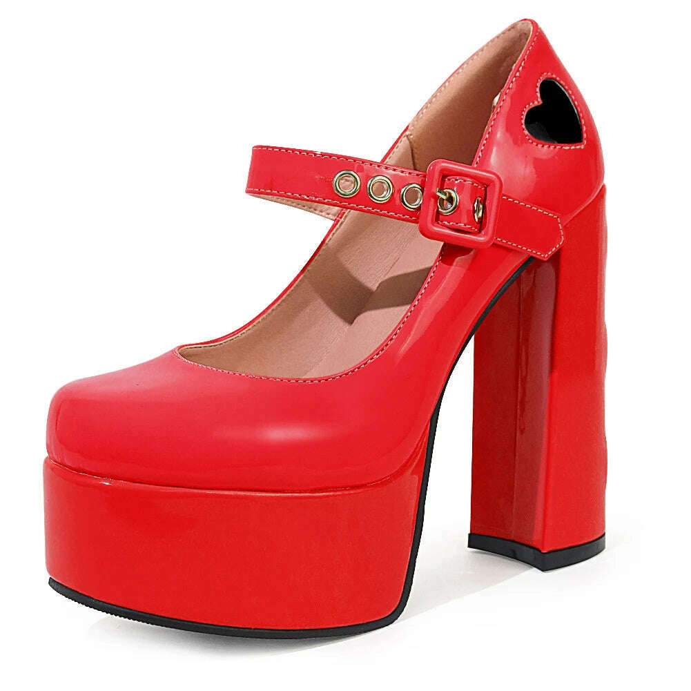 Luxury Designer Marry Janes Pumps For Women Love Heart High Heels Buckle Platform Punk Chunky Pink Wedding Party women's Shoes - KIMLUD