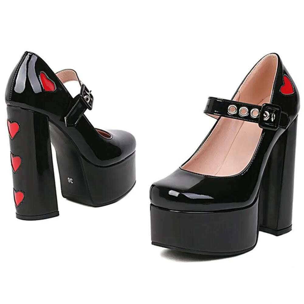Luxury Designer Marry Janes Pumps For Women Love Heart High Heels Buckle Platform Punk Chunky Pink Wedding Party women's Shoes - KIMLUD