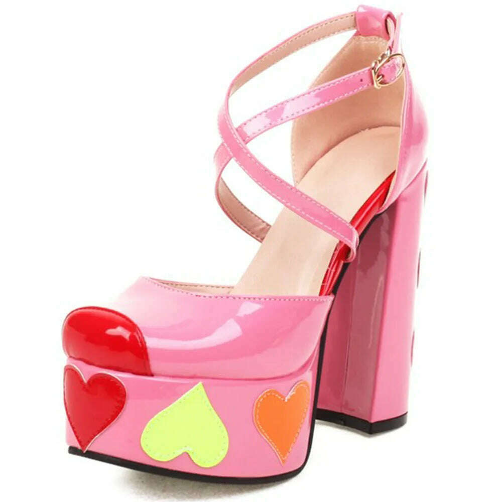 Luxury Designer Marry Janes Pumps For Women Love Heart High Heels Buckle Platform Punk Chunky Pink Wedding Party women's Shoes - KIMLUD
