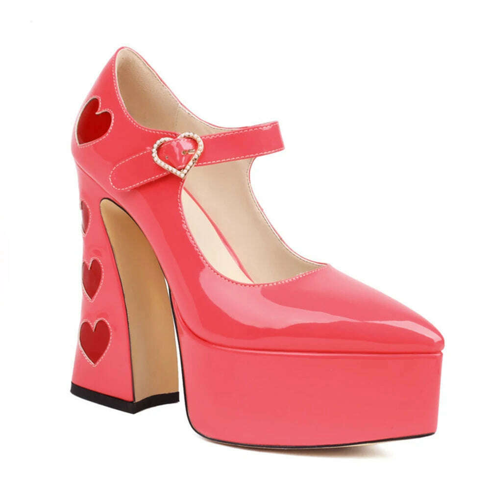 Luxury Designer Marry Janes Pumps For Women Love Heart High Heels Buckle Platform Punk Chunky Pink Wedding Party women's Shoes - KIMLUD