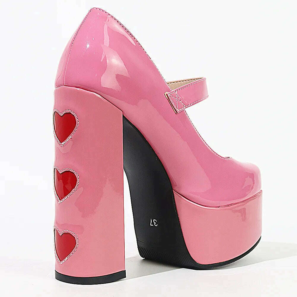 Luxury Designer Marry Janes Pumps For Women Love Heart High Heels Buckle Platform Punk Chunky Pink Wedding Party women's Shoes - KIMLUD