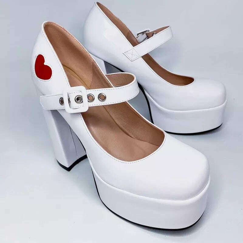 Luxury Designer Marry Janes Pumps For Women Love Heart High Heels Buckle Platform Punk Chunky Pink Wedding Party women's Shoes - KIMLUD