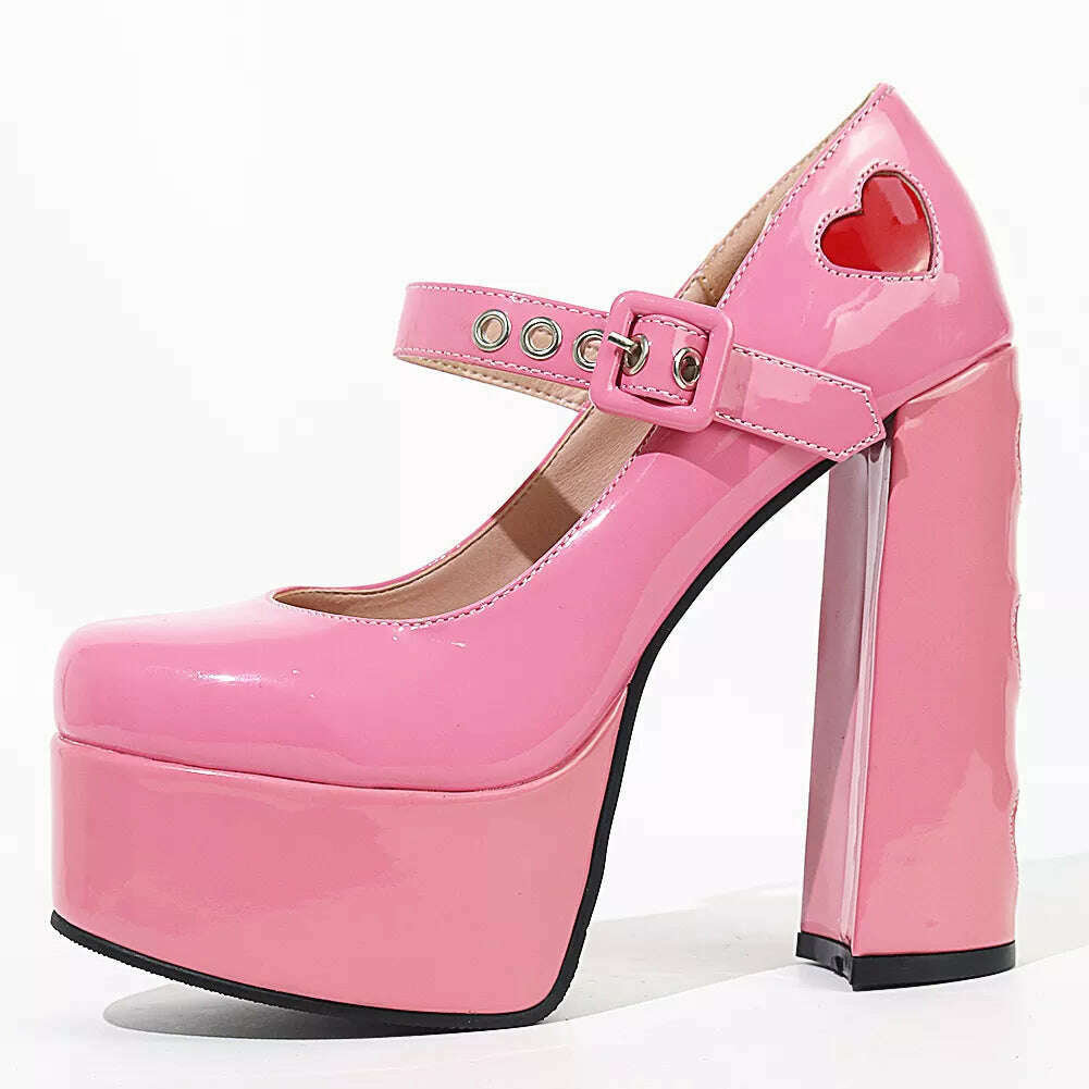 Luxury Designer Marry Janes Pumps For Women Love Heart High Heels Buckle Platform Punk Chunky Pink Wedding Party women's Shoes - KIMLUD