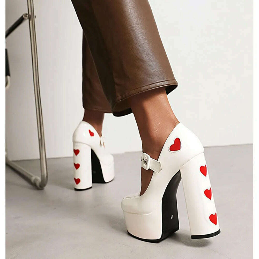 Luxury Designer Marry Janes Pumps For Women Love Heart High Heels Buckle Platform Punk Chunky Pink Wedding Party women's Shoes - KIMLUD
