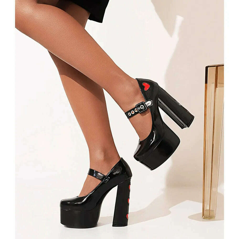 Luxury Designer Marry Janes Pumps For Women Love Heart High Heels Buckle Platform Punk Chunky Pink Wedding Party women's Shoes - KIMLUD