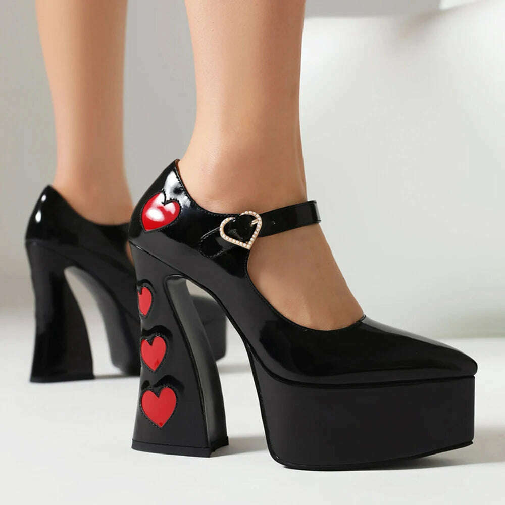 Luxury Designer Marry Janes Pumps For Women Love Heart High Heels Buckle Platform Punk Chunky Pink Wedding Party women's Shoes - KIMLUD