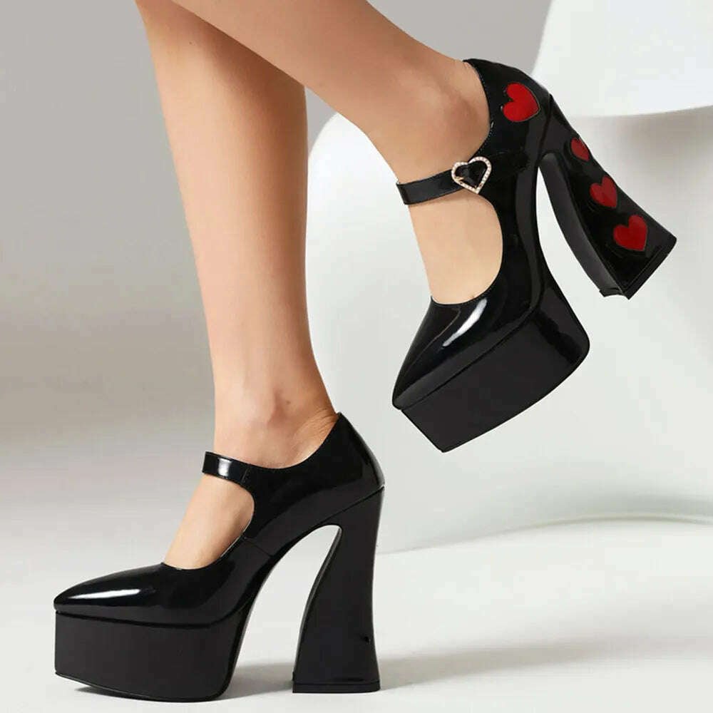 Luxury Designer Marry Janes Pumps For Women Love Heart High Heels Buckle Platform Punk Chunky Pink Wedding Party women's Shoes - KIMLUD