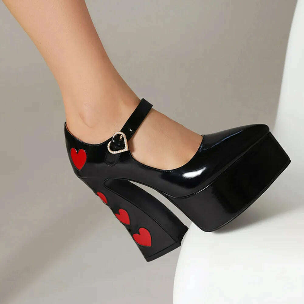 Luxury Designer Marry Janes Pumps For Women Love Heart High Heels Buckle Platform Punk Chunky Pink Wedding Party women's Shoes - KIMLUD