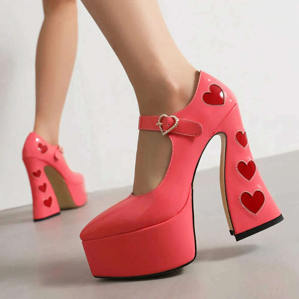 Luxury Designer Marry Janes Pumps For Women Love Heart High Heels Buckle Platform Punk Chunky Pink Wedding Party women's Shoes - KIMLUD