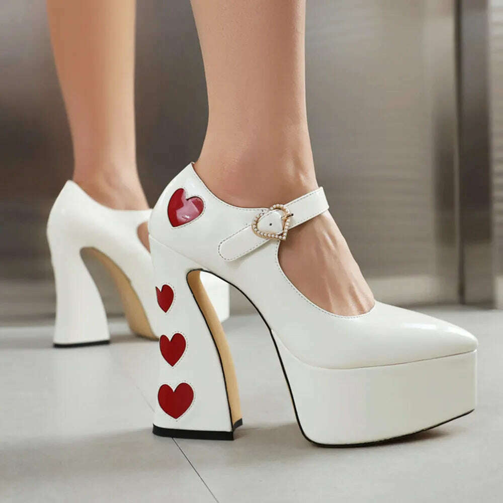 Luxury Designer Marry Janes Pumps For Women Love Heart High Heels Buckle Platform Punk Chunky Pink Wedding Party women's Shoes - KIMLUD