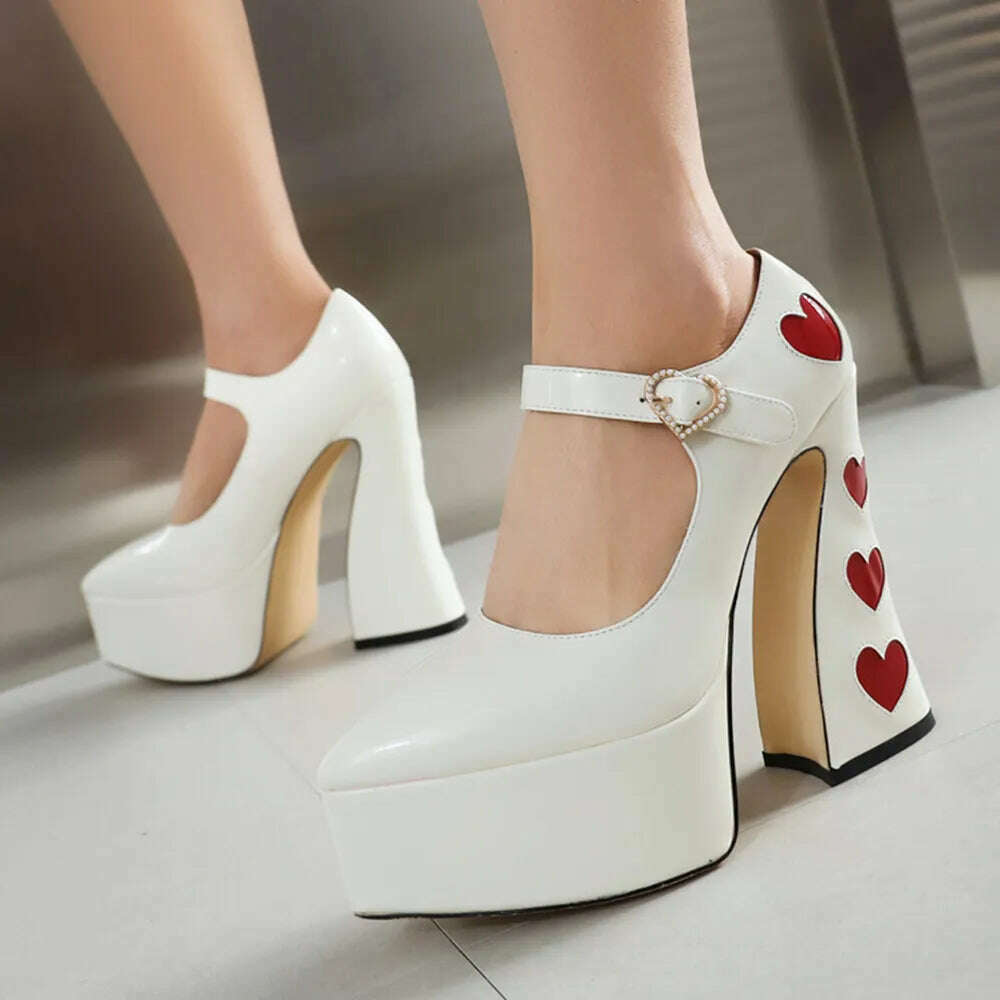 Luxury Designer Marry Janes Pumps For Women Love Heart High Heels Buckle Platform Punk Chunky Pink Wedding Party women's Shoes - KIMLUD