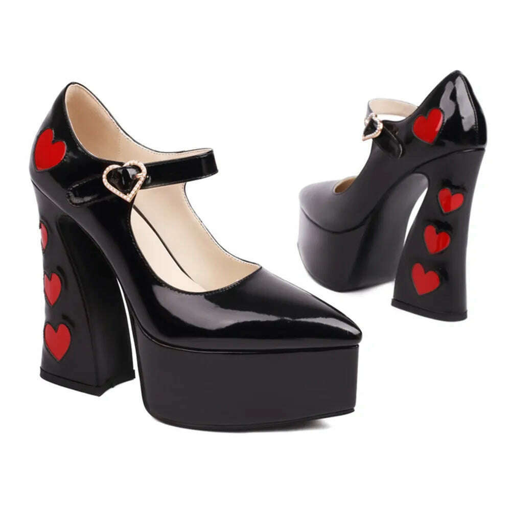 Luxury Designer Marry Janes Pumps For Women Love Heart High Heels Buckle Platform Punk Chunky Pink Wedding Party women's Shoes - KIMLUD