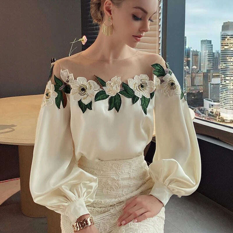 Luxury Flowers Embroidery Mesh Stitching Satin Shirt Sweet Long Sleeved Faux Silk Blouses Loose OL Gauze Glossy Crop Tops Blusas - KIMLUD