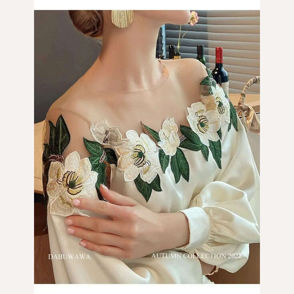 Luxury Flowers Embroidery Mesh Stitching Satin Shirt Sweet Long Sleeved Faux Silk Blouses Loose OL Gauze Glossy Crop Tops Blusas - KIMLUD