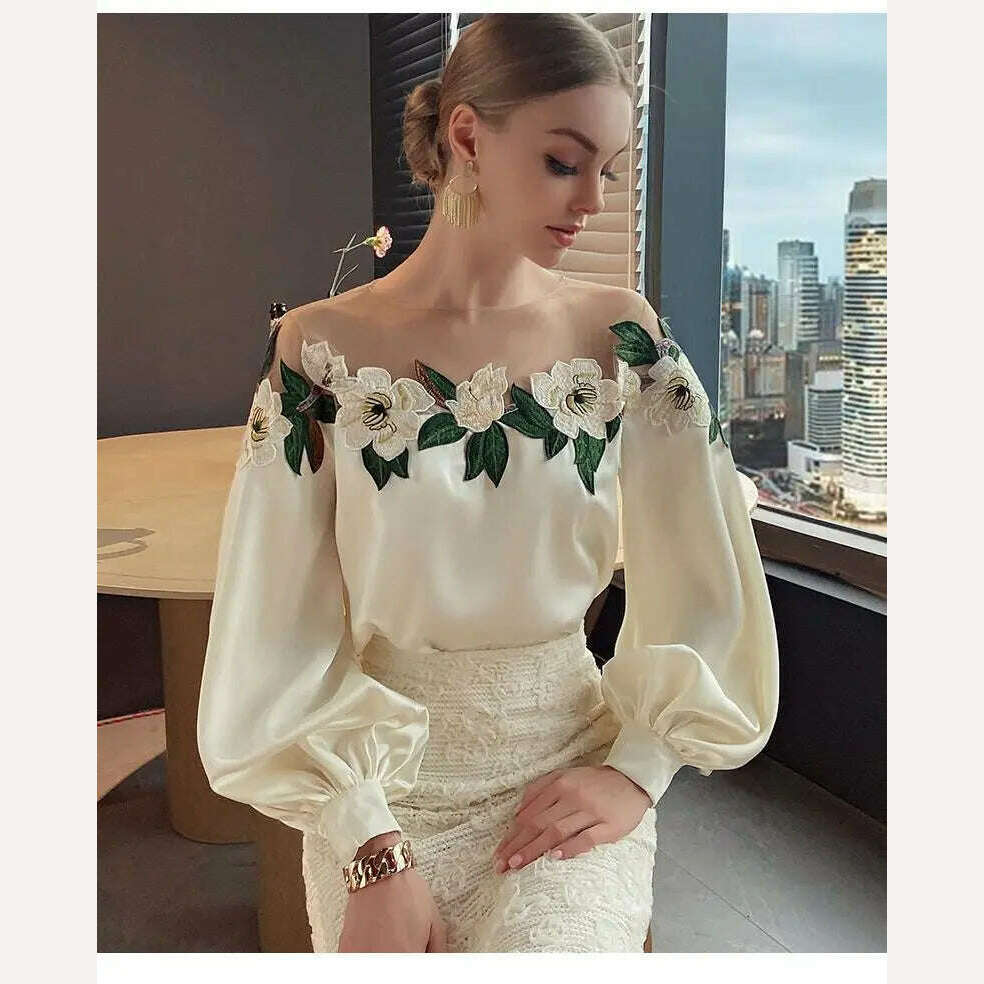 Luxury Flowers Embroidery Mesh Stitching Satin Shirt Sweet Long Sleeved Faux Silk Blouses Loose OL Gauze Glossy Crop Tops Blusas - KIMLUD
