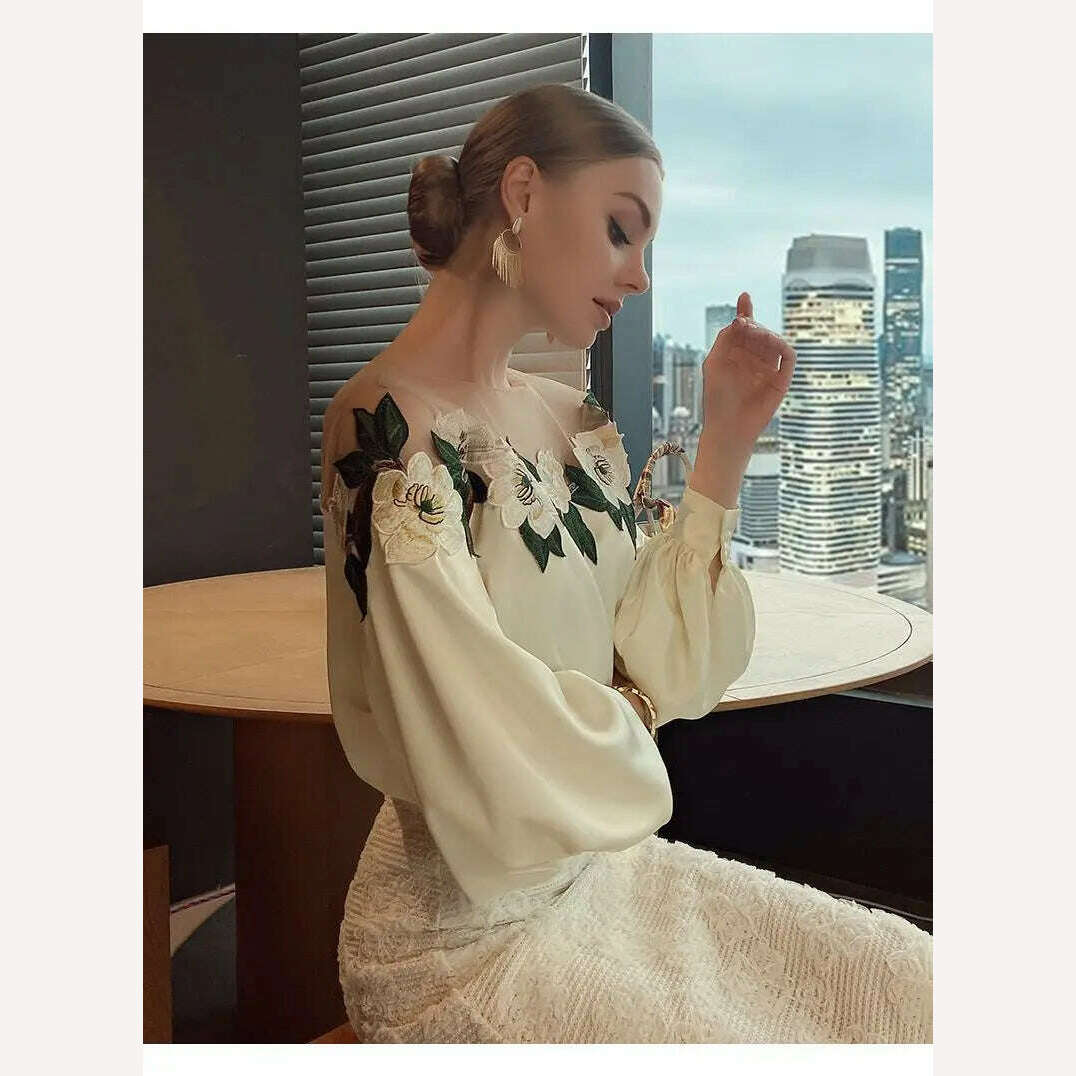 Luxury Flowers Embroidery Mesh Stitching Satin Shirt Sweet Long Sleeved Faux Silk Blouses Loose OL Gauze Glossy Crop Tops Blusas - KIMLUD