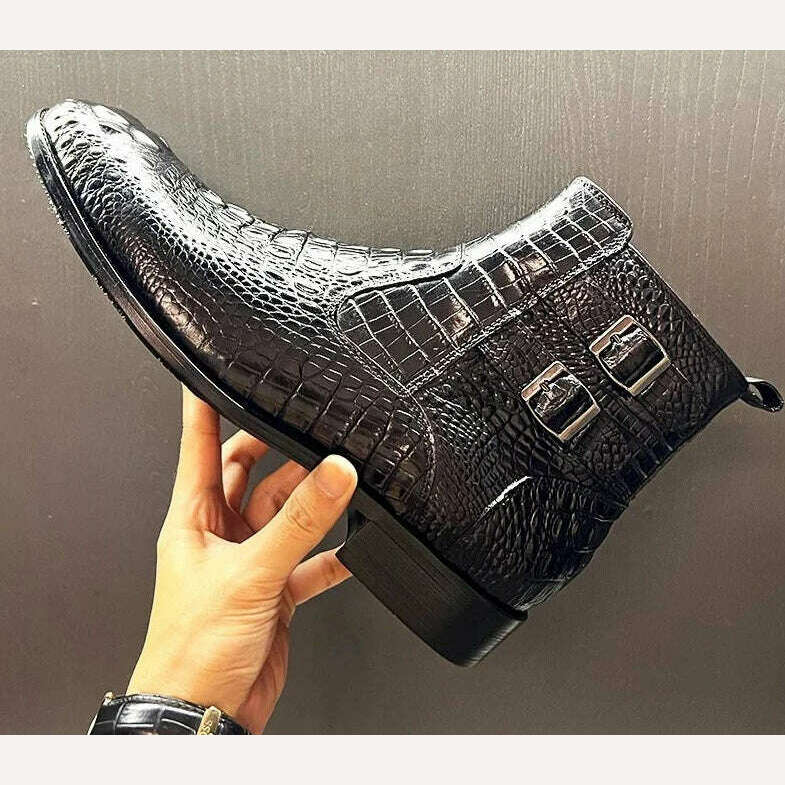 Luxury Men Ankle Boots Shoes Black Brown Crocodile Printed Zipper Chelsea Double Buckle Genuine Leather Dress Boots Men's Shoes - KIMLUD