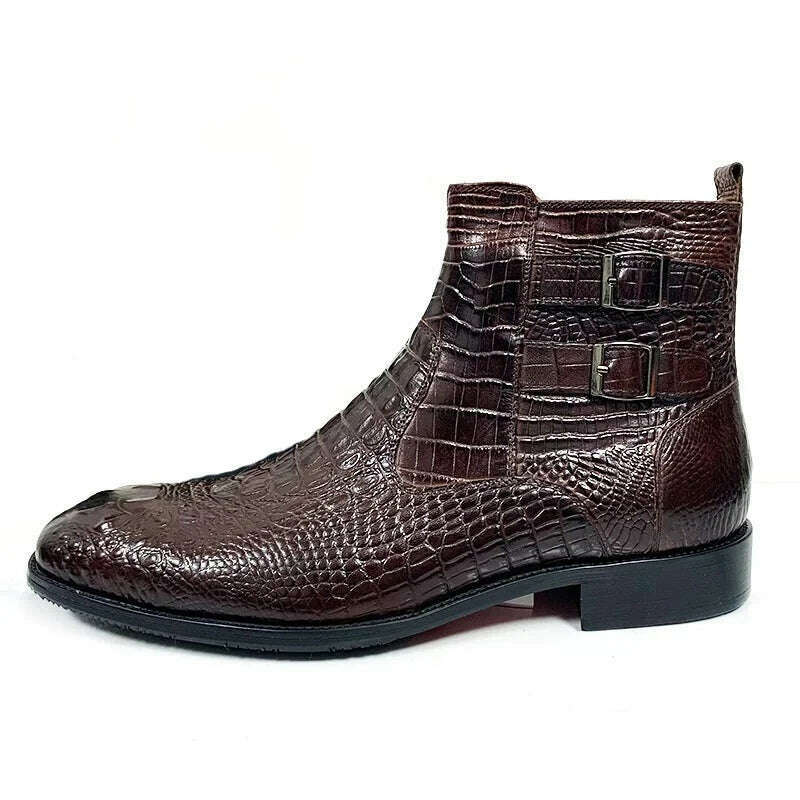 Luxury Men Ankle Boots Shoes Black Brown Crocodile Printed Zipper Chelsea Double Buckle Genuine Leather Dress Boots Men's Shoes - KIMLUD