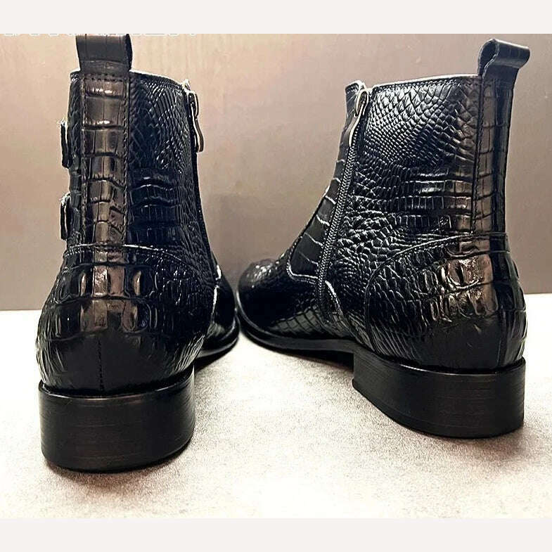 Luxury Men Ankle Boots Shoes Black Brown Crocodile Printed Zipper Chelsea Double Buckle Genuine Leather Dress Boots Men's Shoes - KIMLUD