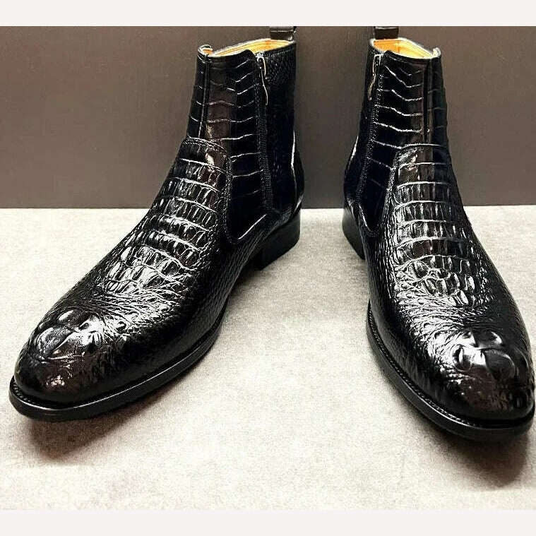 Luxury Men Ankle Boots Shoes Black Brown Crocodile Printed Zipper Chelsea Double Buckle Genuine Leather Dress Boots Men's Shoes - KIMLUD