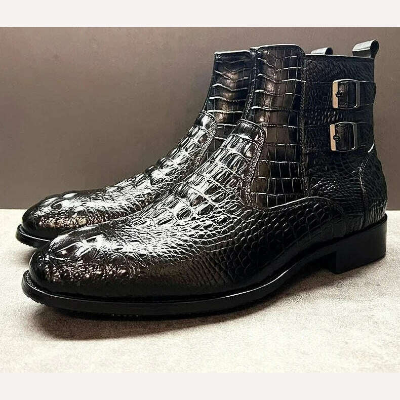 Luxury Men Ankle Boots Shoes Black Brown Crocodile Printed Zipper Chelsea Double Buckle Genuine Leather Dress Boots Men's Shoes - KIMLUD